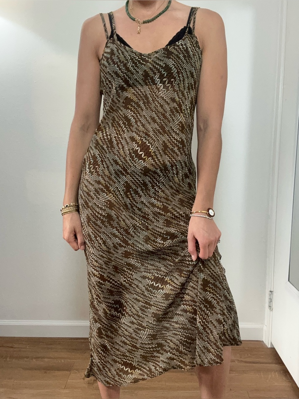 Vintage Victoria’s Secret Sheer Brown & Olive Patterned Slip Midi Dress Size M
